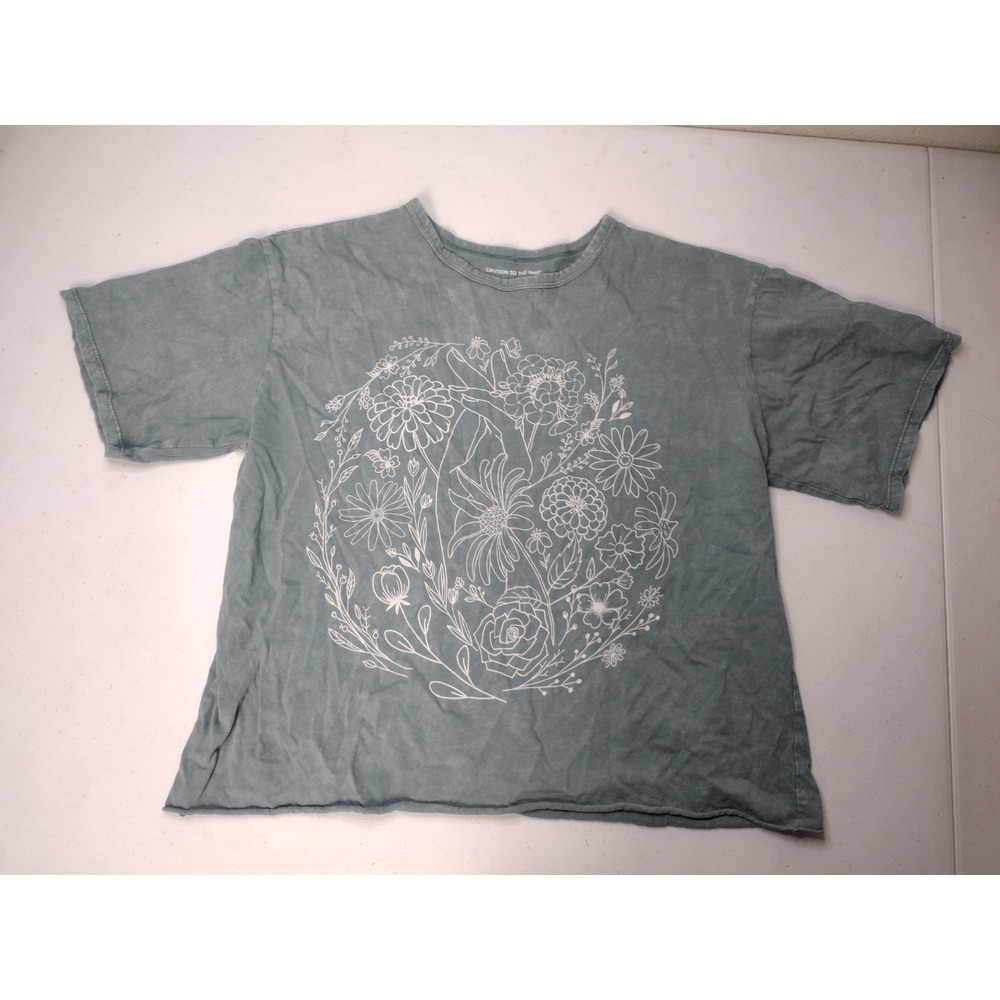 Caution To The Wind Womens Medium Blue Mineral Wash Floral Graphic Boxy T-Shirt